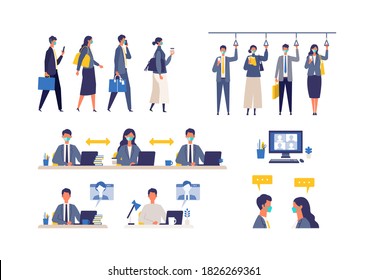 A day of working businessmen in the new normal lifestyles. Flat design vector illustration of masked business people. Concept for teleworking.