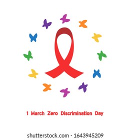 Day of zero discrimination, March 1 holiday. Butterflies are multicolored in a circle. In the center is a red ribbon, a symbol of the disease AIDS, HIV. Concept: helping people with HIV and AIDS.