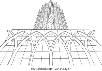 Dayabumi Complex Kuala Lumpur Line Art, Abstract line art illustration of the Dayabumi Complex in Kuala Lumpur, Malaysia. A modern and intricate architectural design.
