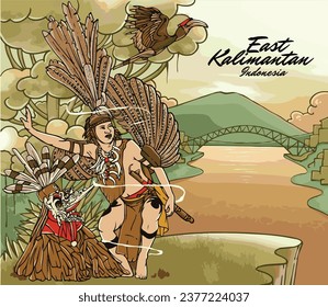 Dayak Tribe of East Kalimantan Culture with city background vector EPS10