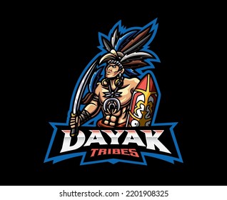 Dayak Stamm Maskottchen Logo Design. Dayak Krieger Vektorgrafik. Logo-Illustration für Maskottchen oder Symbole und Identität, Emblem-Sport- oder E-Sport-Gaming-Team