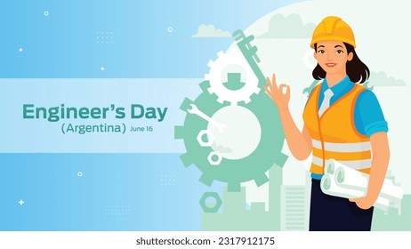 Engineer’s Day(Argentina) on June 16 business brochure flyer banner design horizontal template vector, cover presentation abstract, modern publication poster and flag-banner, layout in rectangle size.