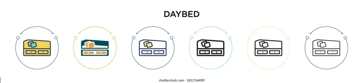 Daybed icon in filled, thin line, outline and stroke style. Vector illustration of two colored and black daybed vector icons designs can be used for mobile, ui, web