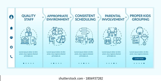 Daycare center effectiveness components onboarding vector template. Kindergarten. Toddlers development. Responsive mobile website with icons. Webpage walkthrough step screens. RGB color concept