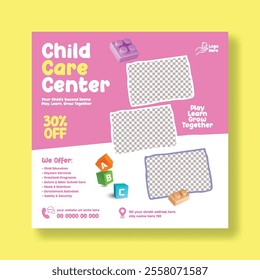 Daycare center and preschool kids editable social media post banner ads, promotional advertisements or web banner template, child care, babysitter, day care social media square flyer template