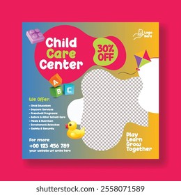 Daycare center and preschool kids editable social media post banner ads, promotional advertisements or web banner template, child care, babysitter, day care social media square flyer template