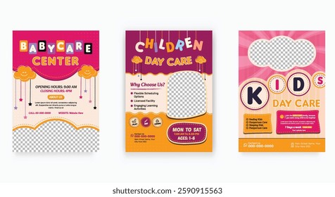 Daycare center and preschool kids editable print flyer Template with Kindergarten, Nursery School Education Theme