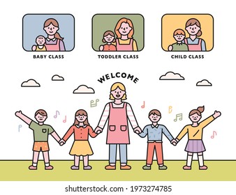 Daycare class. Teacher and children join hands and greet each other. flat design style minimal vector illustration.