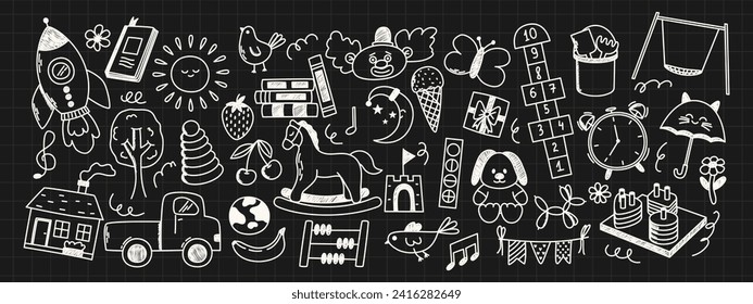 Daycare doodle elements. Rocket, hopscotch, toys, horse, house, sun and other elements. Scribbled with chalk texture.