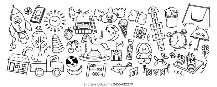 Daycare doodle elements. Rocket, hopscotch, toys, horse, montessori, house, sun and other elements.