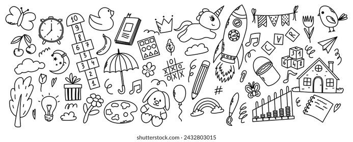 Daycare doodle elements. Unicorn, hopscotch, toys, crown, umbrella, house, tree and other elements.