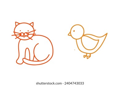 Daycare doodle icons set. Doodle kindergarten montessori toys for nursery, school - cat and duck. Vector illustration