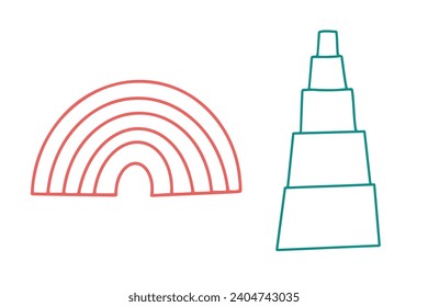 Iconos del doodle de cuidado diurno. Juguetes Doodle kindergarten montessori para guardería, escuela - arco iris, torre de vidrio de madera. Ilustración del vector