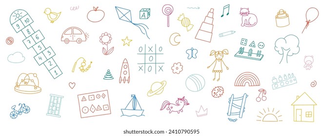 Daycare doodle icons set. Doodle kindergarten toys for nursery, school. Vector illustration