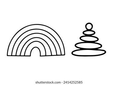 Daycare doodle icons set. Doodle kindergarten toys for nursery, school - wooden rainbow and pyramid. Vector illustration