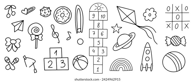 Conjunto de iconos de garabatos de guardería. Doodle juguetes de jardín de niños para la guardería, la escuela. Ilustración de vector