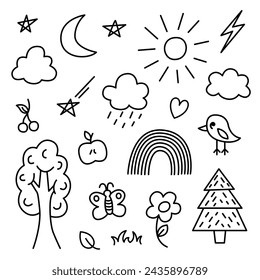 Daycare doodle set. Cute kindergarten collection elements in cartoon style. Nature, rainbow, bird, sun, cloud, tree. Hand drawn illustration isolated on white background.