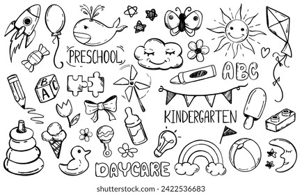 Daycare doodle set. Kindergarten and preschool line art vector illustration. Children icon collection with hand drawn toys, flowers, sun, rocket, rainbow, animals and candy on white background.