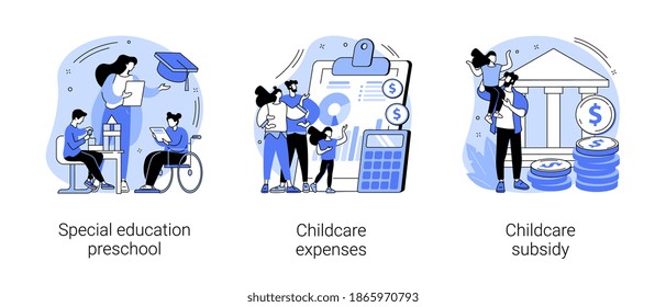 Daycare financial help abstract concept vector illustration set. Special education preschool, childcare expenses and subsidy, inclusive kindergarten, children with disabilities abstract metaphor.