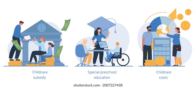 Daycare financial help and family support concepts. Inclusive kindergarten, preschool education, subsidy and childcare expences, help for kids with disabilities. Flat cartoon vector illustrations set