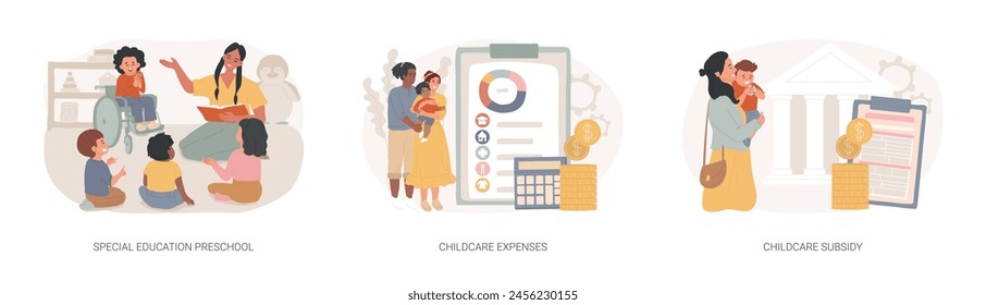 Daycare financial help isolated concept vector illustration set. Special education preschool, childcare expenses and subsidy, inclusive kindergarten, children with disabilities vector concept.