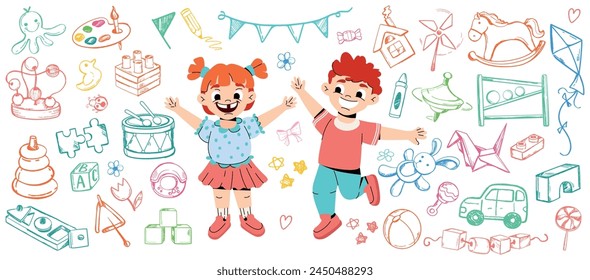 Daycare hand drawn doodle icon set. Funny cartoon kids in kindergarten play with wooden montessori toys. Happy baby girl and boy with color line art child toy, candy. Preschool activity and education.