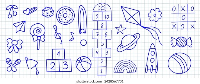 Daycare hand drawn doodle icons set. Doodle kindergarten toys for nursery, school. Vector illustration