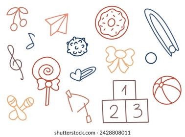 Daycare hand drawn doodle icons set. Doodle kindergarten  toys for nursery, school. Vector illustration