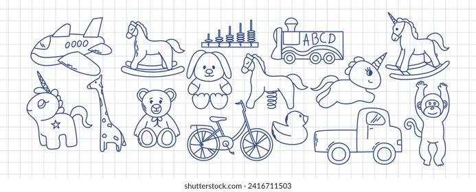 Daycare hand drawn elements. Children toys.