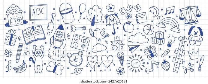 Daycare hand drawn elements. Rocket, hopscotch, toys, book, balloon, house, fruits and other elements. Scribbled with chalk texture.