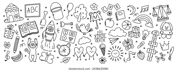 Daycare hand drawn elements. Rocket, hopscotch, toys, book, balloon, house, fruits and other elements.