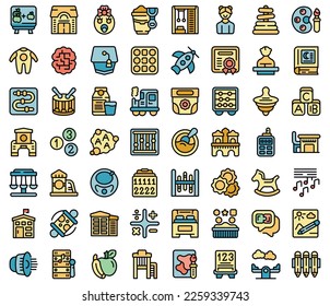Daycare icons set outline vector. Kid toy. Child house color line on white isolated
