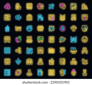 Los iconos de guardería establecen el vector de contorno. Juguete infantil. Color del neón de la casa infantil en negro