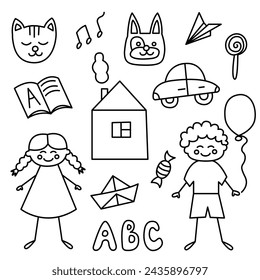Daycare kids doodle set. Cute kindergarten collection elements in cartoon style. Children toys, animals, candy. Hand drawn illustration isolated on white background.