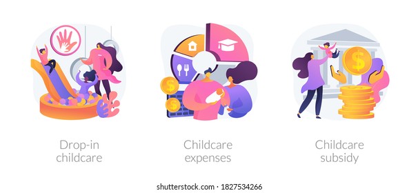 Daycare service abstract concept vector illustration set. Drop-in childcare, childcare expenses, childcare subsidy, family budget, nursery school, part-time kindergarten, tax credit abstract metaphor.