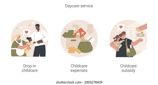 Daycare service abstract concept vector illustration set. Drop-in childcare, childcare expenses, childcare subsidy, family budget, nursery school, part-time kindergarten, tax credit abstract metaphor.