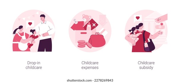 Daycare service abstract concept vector illustration set. Drop-in childcare, childcare expenses, childcare subsidy, family budget, nursery school, part-time kindergarten, tax credit abstract metaphor.