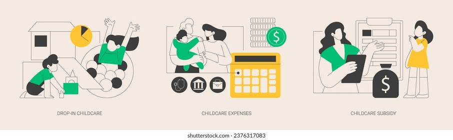 Daycare service abstract concept vector illustration set. Drop-in childcare, childcare expenses, childcare subsidy, family budget, nursery school, part-time kindergarten, tax credit abstract metaphor.