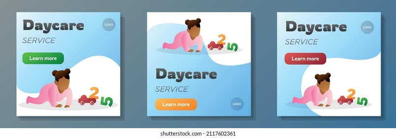 Daycare social media post, square banner set, childcare babysitter advertisement concept, happy baby playing marketing ad, abstract print, isolated on background.