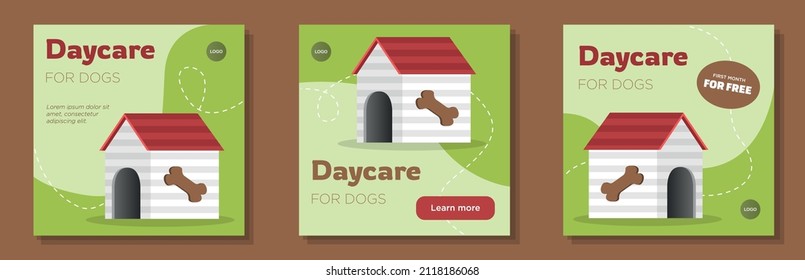 Daycare social media post, square banner set, pet dog babysitter advertisement concept, dog house marketing ad, animal wellbeing hotel abstract print, isolated on background.