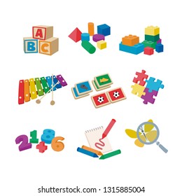 Daycare toys. Educational games of letters, memory, geometry, music, numbers, etc. Isolated vector ilustration