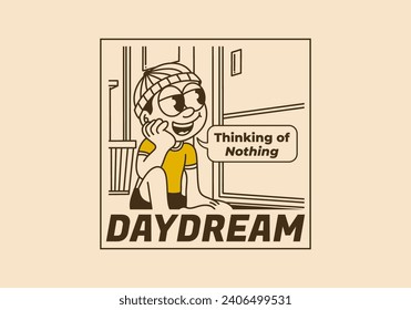 Daydream, thinking of nothing. illustration of a boy wearing a beanie was daydreaming by the window
