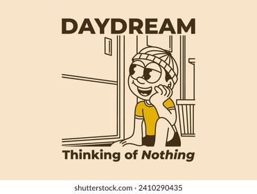 Daydream, thinking of nothing. illustration of a boy wearing a beanie was daydreaming by the window