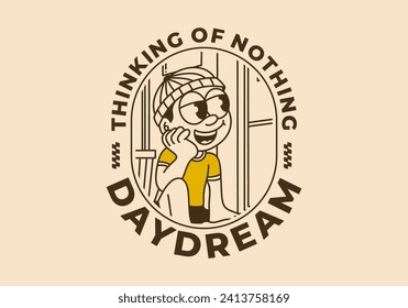 Daydream, thinking of nothing. illustration of a boy wearing a beanie was daydreaming by the window