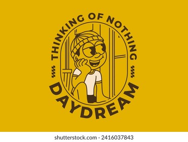 Daydream, thinking of nothing. illustration of a boy wearing a beanie was daydreaming by the window