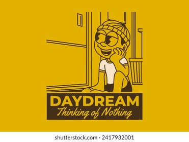 Daydream, thinking of nothing. illustration of a boy wearing a beanie was daydreaming by the window