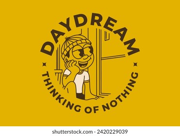 Daydream, thinking of nothing. illustration of a boy wearing a beanie was daydreaming by the window