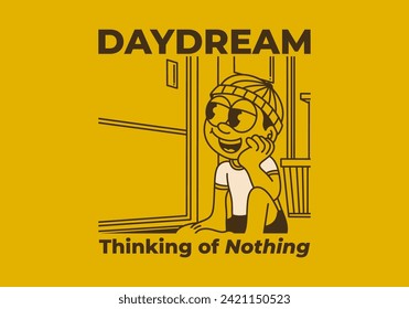 Daydream, thinking of nothing. illustration of a boy wearing a beanie was daydreaming by the window