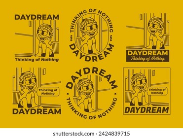 Daydream, thinking of nothing. illustration of a boy wearing a beanie was daydreaming by the window