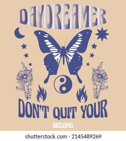 DAYDREAMER HIPPY STYLE SLOGAN WITH RETRO BUTTERFLY TSHIRT GRAPHICS DESIGN